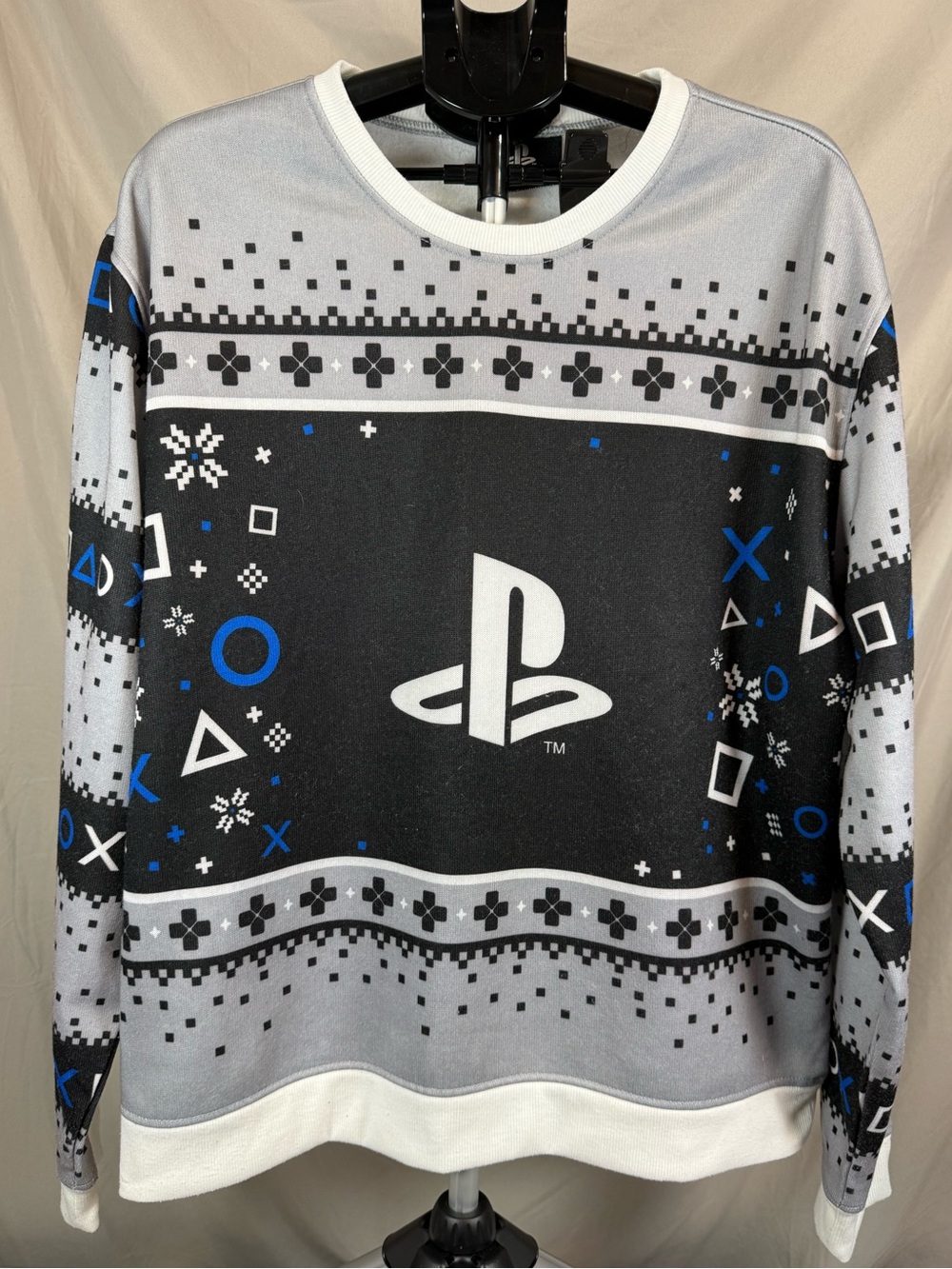 ThinkGeek PlayStation Ugly Holiday Sweatshirt - Black/Grey - 2X - Picture 2 of 7